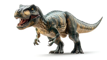 A realistic 3D rendering of a Tyrannosaurus Rex dinosaur, a fearsome predator from the Cretaceous period, standing on a white background.