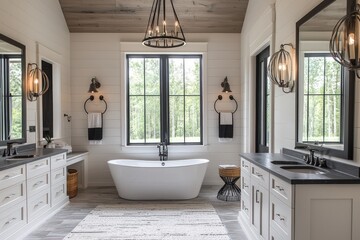A luxury bathroom features black accents and farmhouse-style decor.