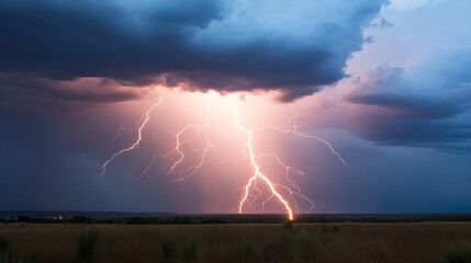 Dramatic Lightning Strike Over Grassy Field, Stormy Sky, Nature Photography, Weather, Thunderstorm, Dramatic Sky