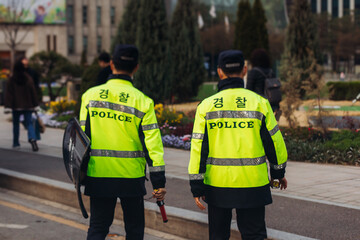 Korean police squad formation in protective uniform with 