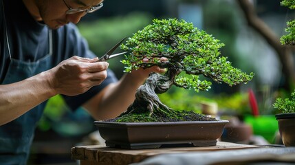 An artist carefully trimming and shaping a bonsai tree with specialized scissors, focusing on the details of the branches and leaves.