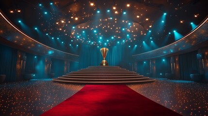 Golden trophy on a black stage with a red carpet, blue lights and a starry ceiling.