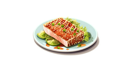 A plate of seared tuna with a sesame crust and wasabi transparent background