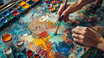 An artistâ€™s hands holding a paintbrush and adding final touches to a canvas, with an array of paint colors and tools spread out.