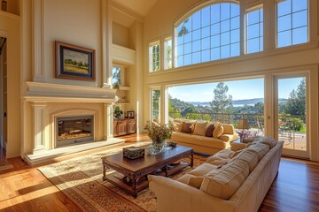 Naklejka premium A luxurious living room with a large fireplace and hardwood floors opens to an exterior view through expansive windows.