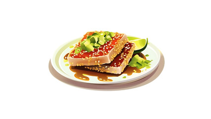 A plate of seared tuna with a sesame crust and wasabi transparent background