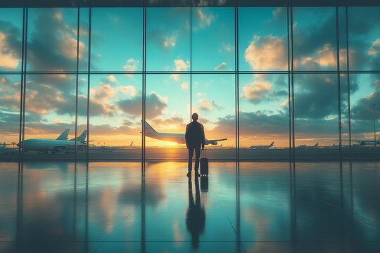 Dans l&rsquo;a&eacute;roport, un homme d'affaires marche avec son bagage dans le couloir en verre. Il attend sa r&eacute;union, admirant la vue sur la ville &agrave; travers les fen&ecirc;tres.