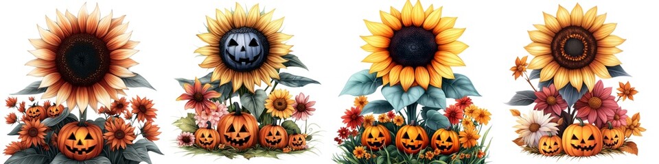 A vibrant collection of sunflowers with seasonal elements, including pumpkins and whimsical designs for a festive touch.
