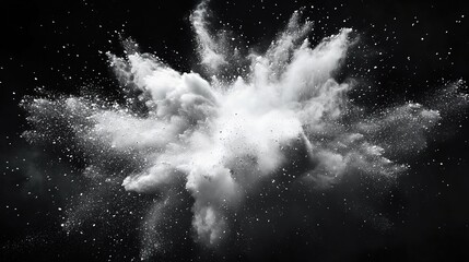 Black background, white powder explosion in the center of the screen, dust particles flying around it, creating an abstract and dynamic visual effect

