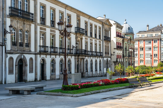 Old buildings in the main square of the monumental city of Lugo, in northern Spain.
