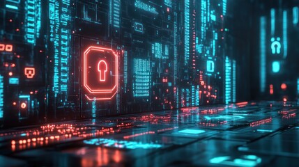Fototapeta premium Red Keyhole Icon on a Futuristic Digital Wall