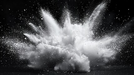 Black background, white powder explosion in the center of the screen, dust particles flying around it, creating an abstract and dynamic visual effect
