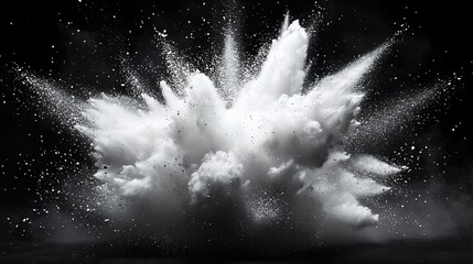 Black background, white powder explosion in the center of the screen, dust particles flying around it, creating an abstract and dynamic visual effect
