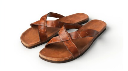Pair of stylish sandals, white background, fashion footwear