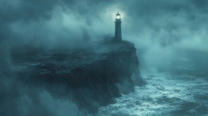 A lone lighthouse stands tall on a rocky cliff, its beam cutting through the thick fog and stormy seas.