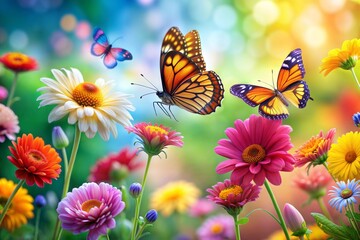 Colorful butterflies and flowers in spring garden with vibrant blossoms and soft focus photography