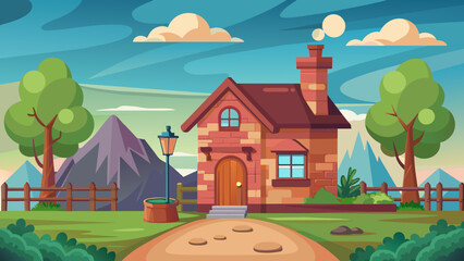 Minimalist kid 2d game background house cartoon vector art illustration