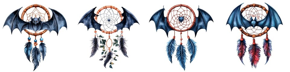Intricate collection of dreamcatchers featuring bat motifs and colorful feathers for mystical and artistic vibes.