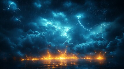 Obraz premium Dramatic stormy sky with lightning strikes over a dark body of water.