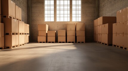 A spacious warehouse interior featuring neatly stacked cardboard boxes bathed in natural light from large windows.