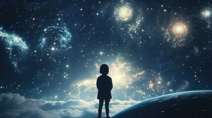 Obraz premium Embracing the Universe: Person Silhouetted Against a Star-filled Sky with Earth and Galaxies in Soft Glow