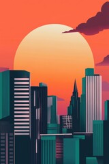 Vibrant City Skyline at Sunset with Silhouetted Buildings