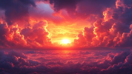 Fototapeta premium Vibrant sunset sky with fiery clouds, the sun peaking through the clouds.