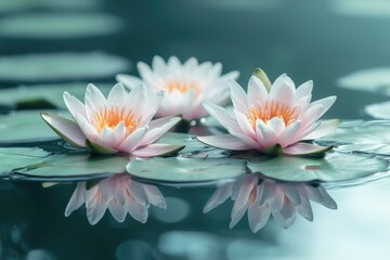 Water lilies gently floating on a clear pond, their reflections perfectly mirrored, with a peaceful background and copy space around the edges