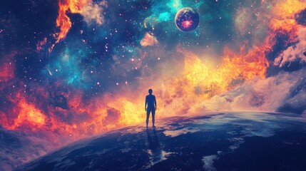 Fototapeta premium Alien Explorer on Distant Planet under Earth's Watchful Eye - Cosmic Adventure Artwork with Glowing Stars Illuminating the Night Sky