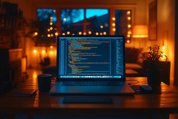 Une personne travaille sur son ordinateur portable, codant des projets d'IA. L'int&eacute;rieur de son bureau, &eacute;clair&eacute; par l'affichage de la ville, r&eacute;v&egrave;le la technologie en action.