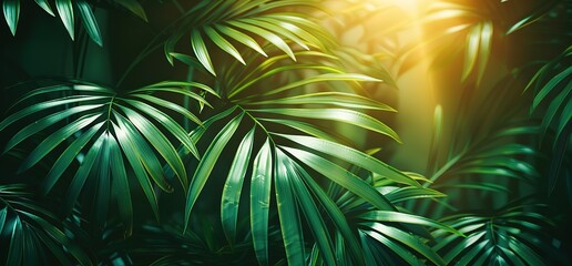 Obraz premium Close up of lush green palm leaves in a tropical rainforest with sunlight shining through the foliage. A vibrant and natural background image.