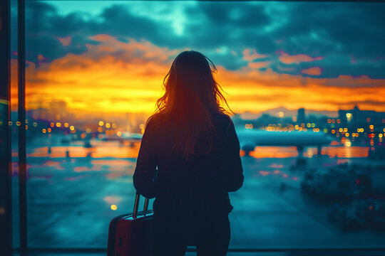 Au coucher du soleil, la silhouette d'une femme se dessine sur la plage. Elle admire la mer et le ciel, un instant de beaut&eacute; et de vacances.