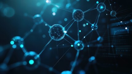 Futuristic Molecular Chain with Glowing Spheres and Digital Patterns
