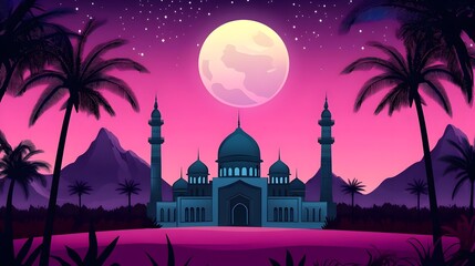 Naklejka premium A vibrant digital illustration of a mosque under a full moon, surrounded by palm trees and mountains at sunset.