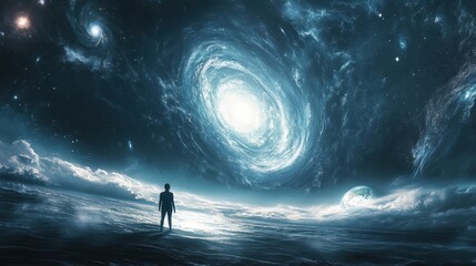 Obraz premium Contemplating the Cosmic: Person at Edge of Celestial Ocean with Earth and Galaxies in Sight