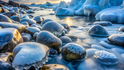  Icy Shore with Serene Mood Featuring Blue Glaciers Representing Arctic Landscape