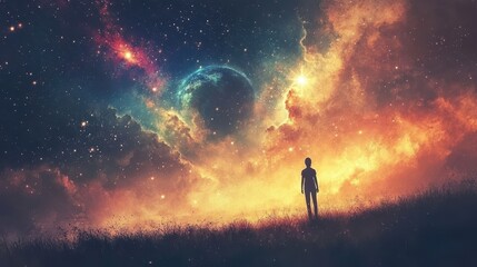 Fototapeta premium Journey Through the Cosmic Fields - A Vibrant Fantasy Artwork of a Person Amid Stars with Earth and Galaxy in Sky