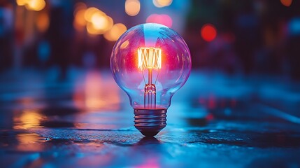 Glowing light bulb on a wet surface with a blurred city backdrop.