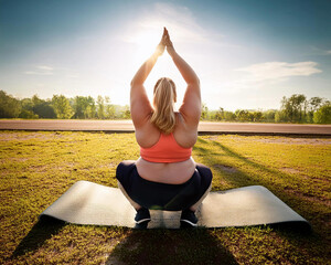 mujer gorda con autoestima entrena, hace ejercicio bajo impacto al aire libre para pérdida de peso, adelgazar, vida saludable, matutino, mañana 