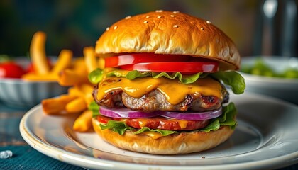 there is a hamburger with cheese, tomato, and lettuce on a plate.