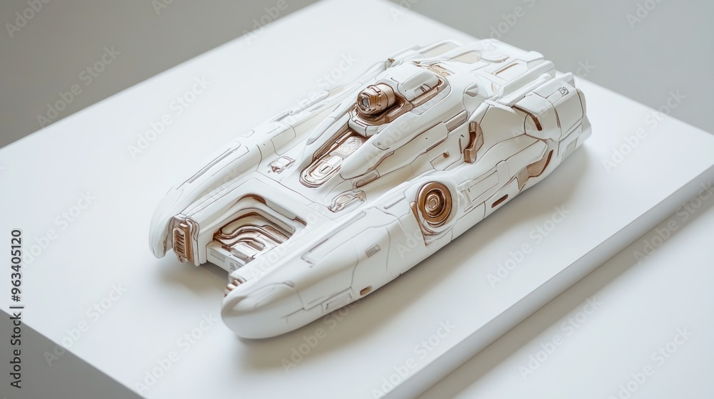 Poster white futuristic spaceship model on white platform