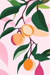 Colorful Fruit Illustration with Leaves on Pink Background