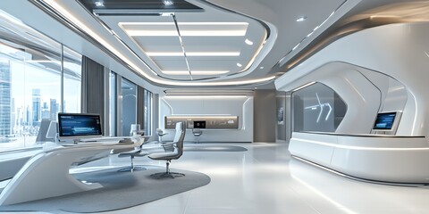 Modern office interior with a white desk, two chairs, a cityscape view, and curved walls.