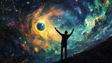 Reaching for the Stars - Abstract Conceptual Image of Human Hand Reaching Out Towards Celestial Objects Against Cosmic Background