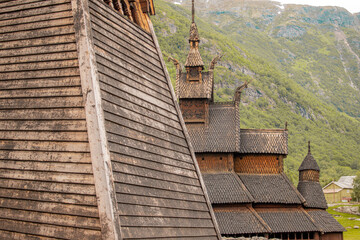 perspective picture of wooden antique viking church