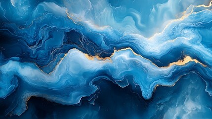 Fototapeta premium Abstract blue and gold liquid art with flowing and swirling patterns, creating a luxurious and elegant background.