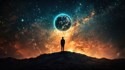 Fototapeta premium In Search of Infinity - Lone Figure on Cosmic Landscape with Earth and Galaxy Stars