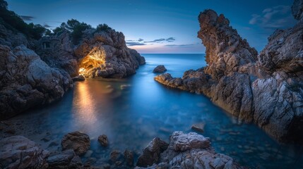 Obraz premium long exposure of a light in a coastal part with sea at night