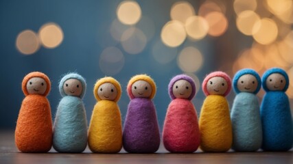 Colorful felt dolls arranged in a row with blue background.