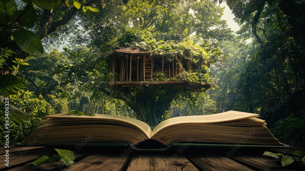 Wall mural create an image of a book opening up into a rainforest treehouse